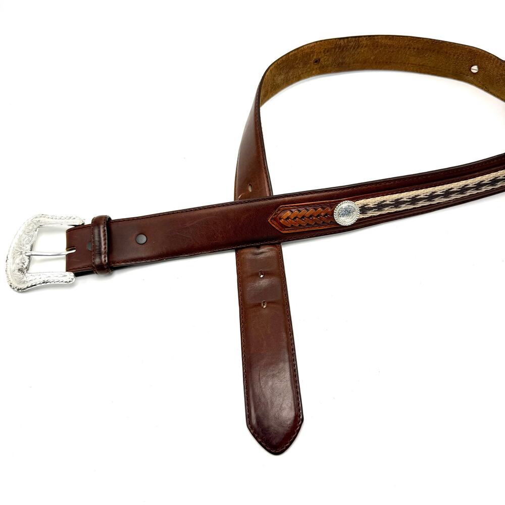 Tony Lama Western Cowboy Belt 36 Brown Leather Silver Buckle Conchos FLAWED